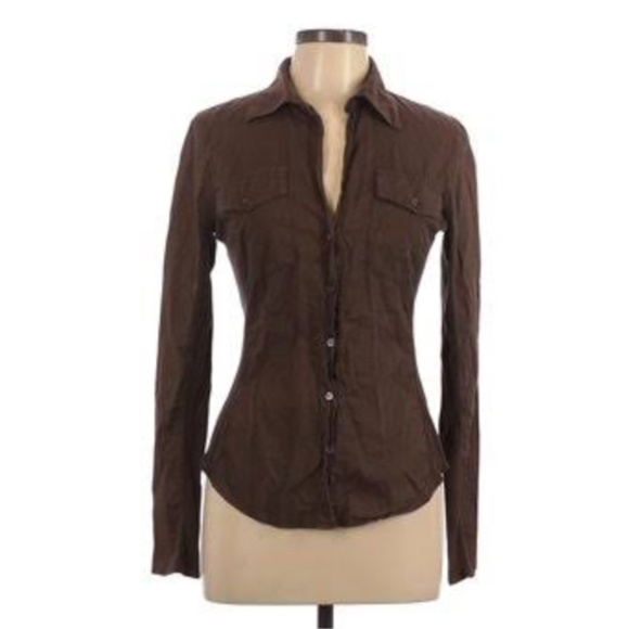 James Perse Tops - James Perse Brown Contrast Ribbed Side Panel Long Sleeve Button Shirt Size M